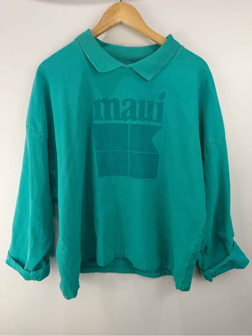 Maui Hawaii Teal Vintage Long-Sleeve Polo Sweatshirt M